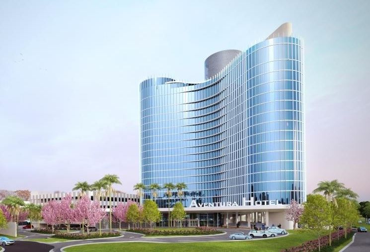 curvy glass building rendering named the aventura hotel with a blue and pink sky in the backgrond